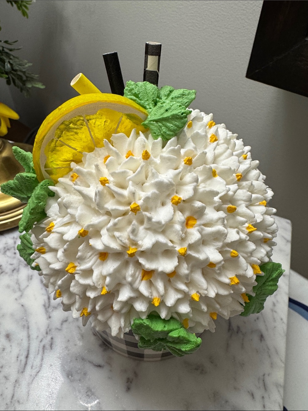 Faux White Floral Decor with Lemon Slice and Green Leaves - fake - Picture 1 of 8